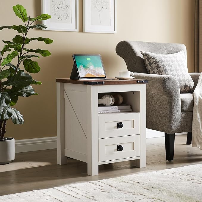 Furnny Farmhouse Nightstand with Charging Station, Rustic 18 Inch End Table with 2 Storage Drawers and Open Shelf
