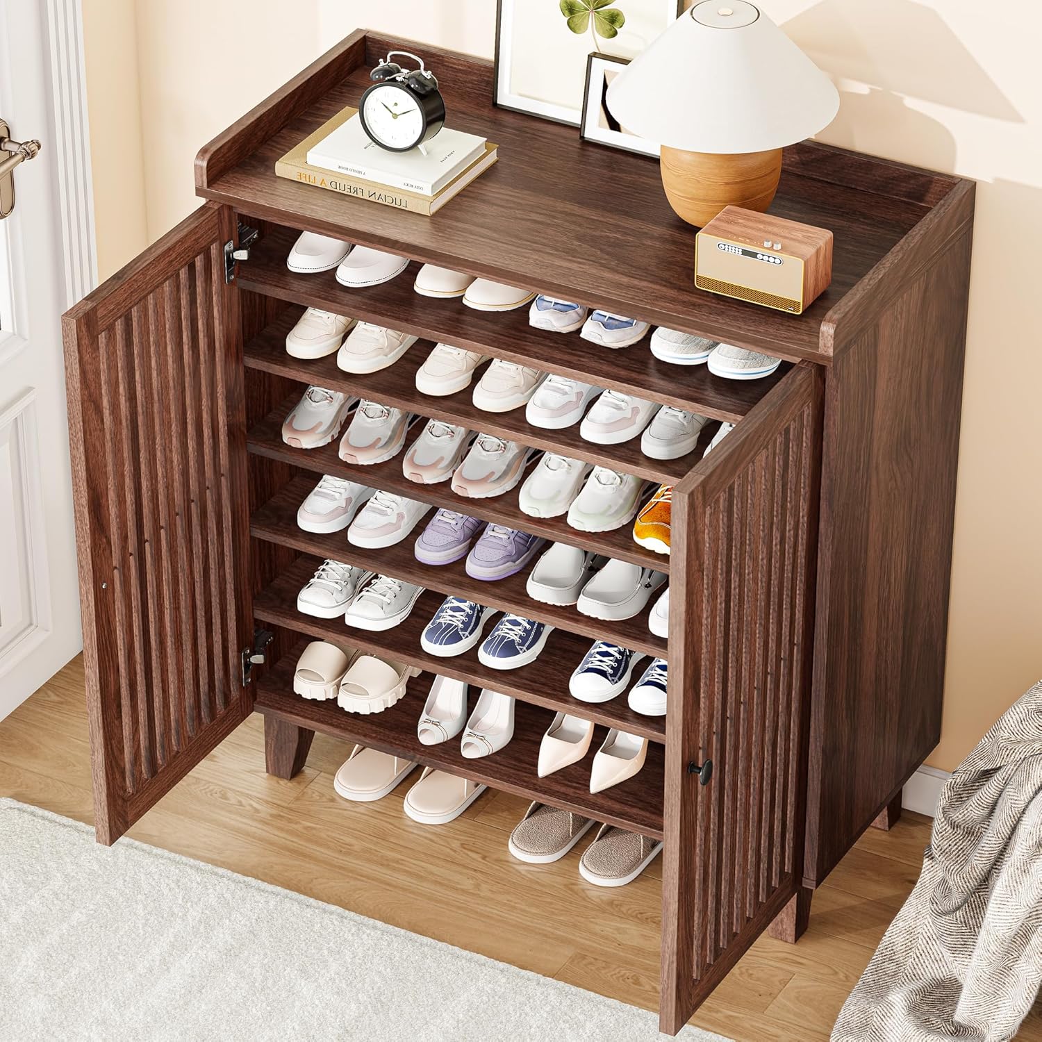 Furnny Walnut Slatted Door Shoe Cabinet 5/6-Tier Shoe Storage Shoe Rack
