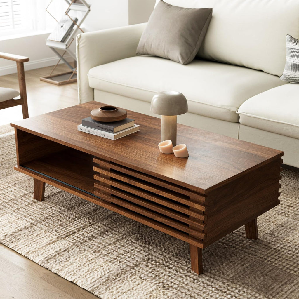 Furnny Walnut Slatted Door Coffee Table Storage/SlidingDoor/for Living Room