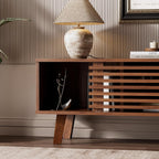 Furnny Walnut Slatted Door TV Stand Storage/Sliding Door/Adjustable Shelves