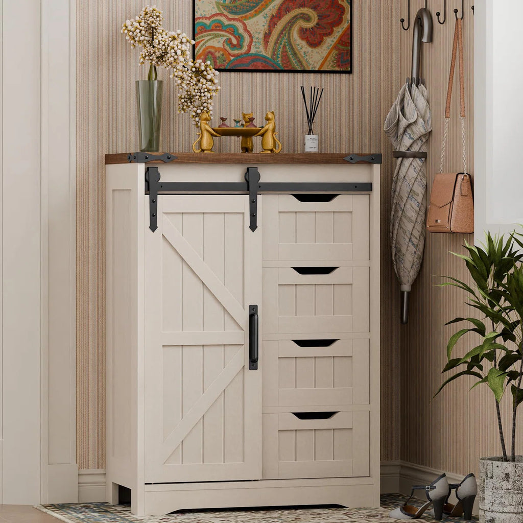 Furnny Farmhouse Bathroom Cabinet with Sliding Door & 4 Drawers