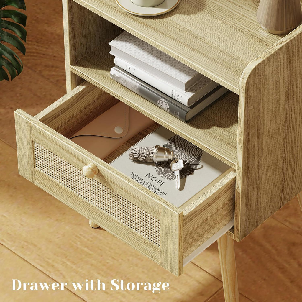 Furnny Rattan Nightstand with Charging Station Solid Wood Feet Beside Table for Bedroom/Living Room