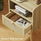 Furnny Rattan Nightstand with Charging Station Solid Wood Feet Beside Table for Bedroom/Living Room