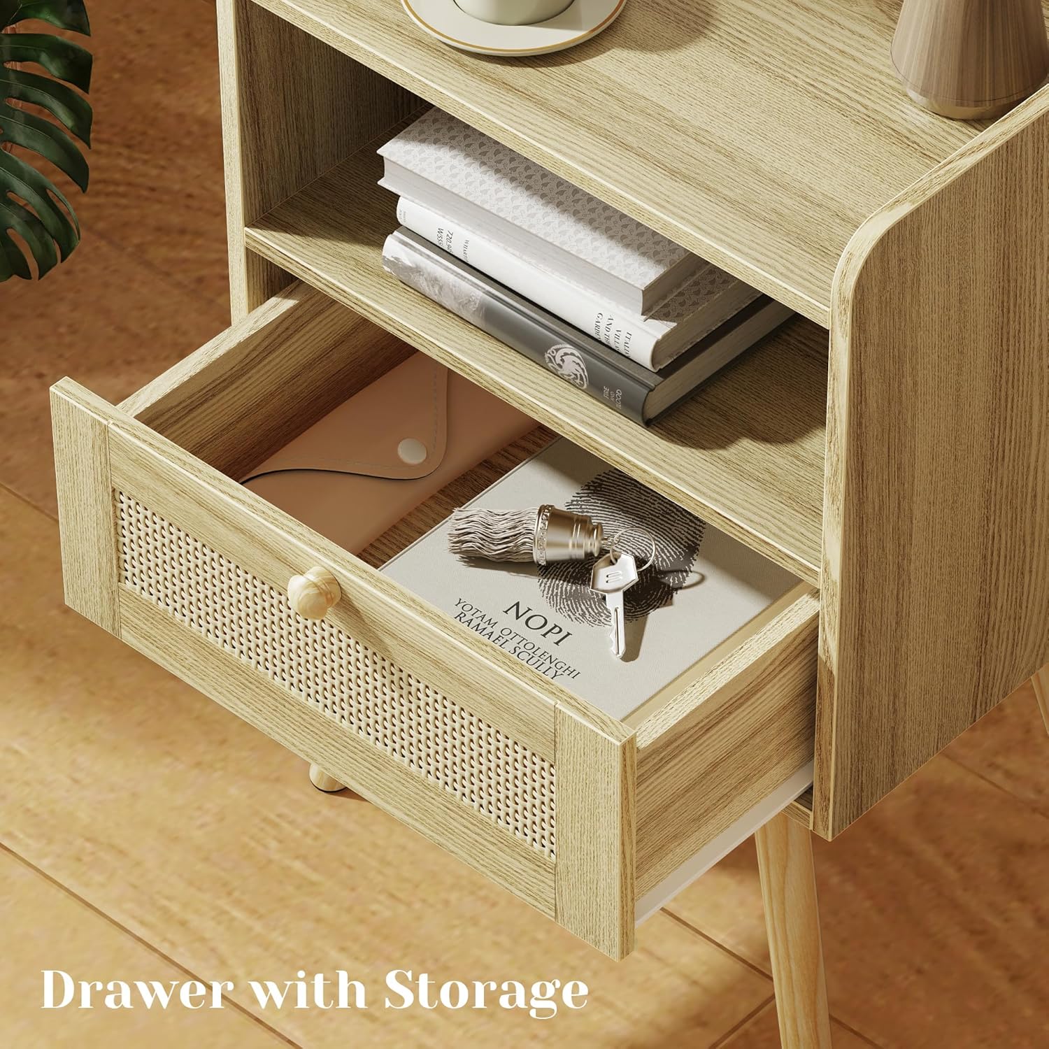 Furnny Rattan Nightstand with Charging Station Solid Wood Feet Beside Table for Bedroom/Living Room