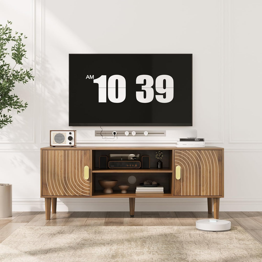 Furnny Walnut TV Stand with Line Groove Design/Adjustable Shelf/2 Cabinets