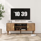 Furnny Walnut TV Stand with Line Groove Design/Adjustable Shelf/2 Cabinets