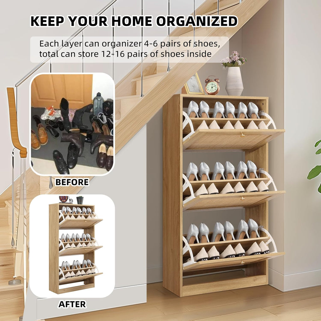 Furnny Rattan 3 Tier Shoe Cabinet with 3 Flip Drawers Adjustable Width Drawers