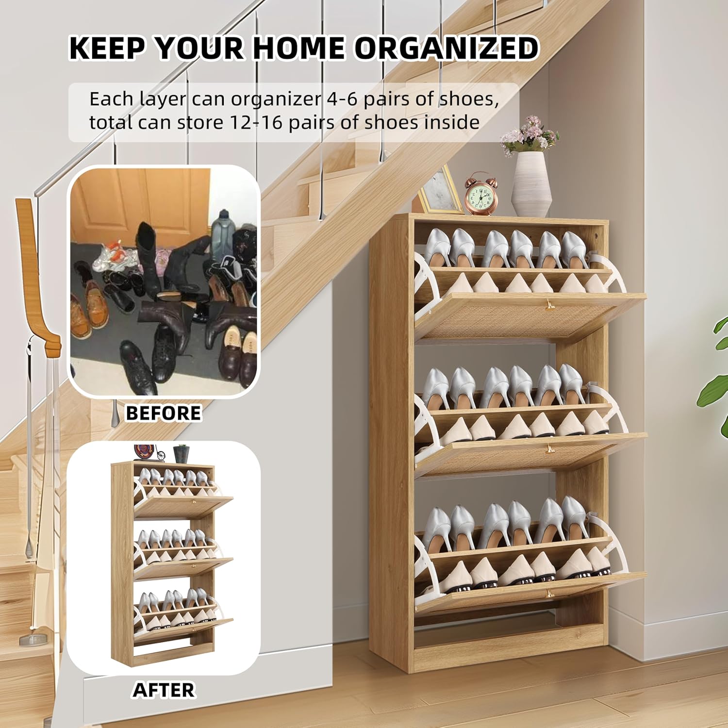 Furnny Rattan 3 Tier Shoe Cabinet with 3 Flip Drawers Adjustable Width Drawers