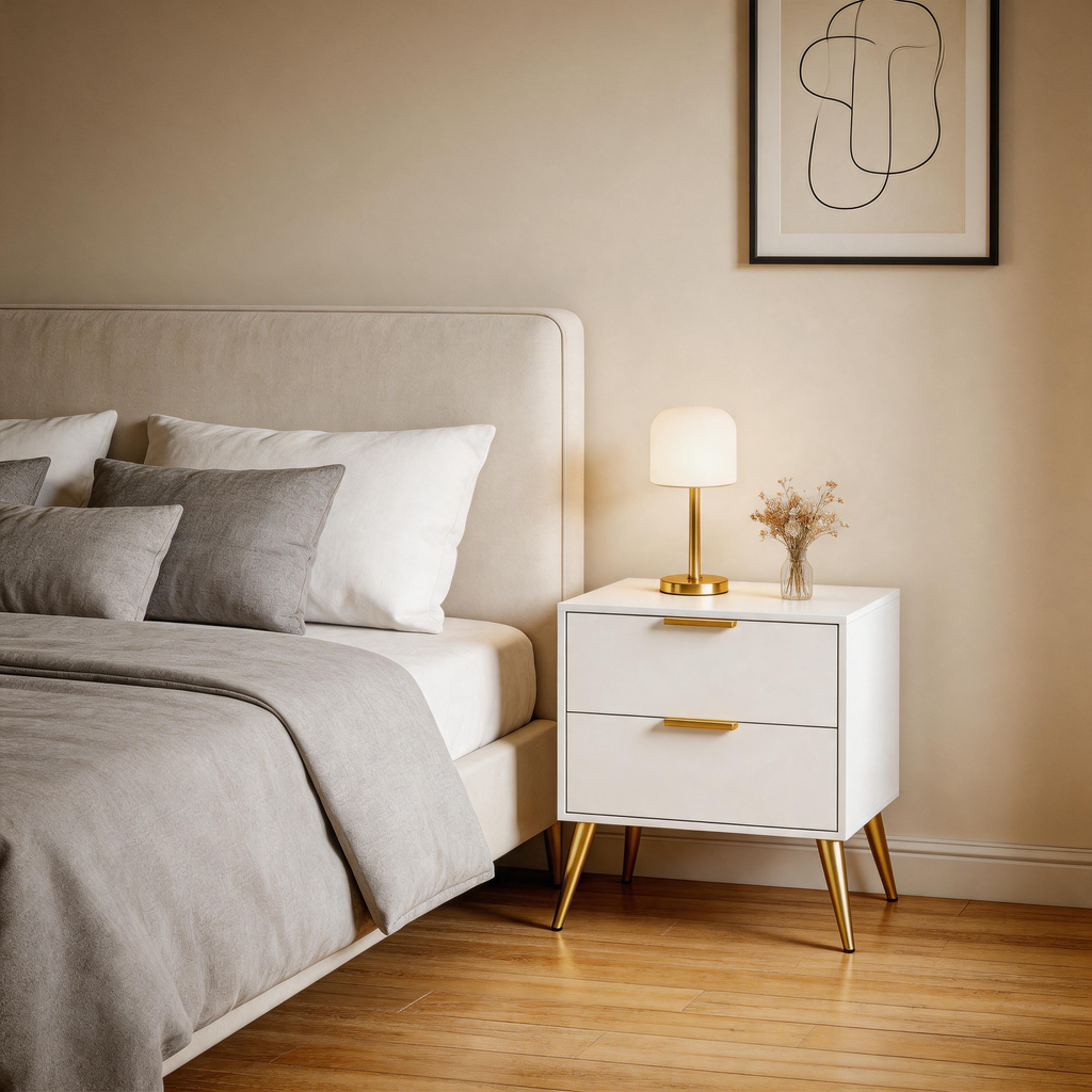 Furnny WD Modern 2 Drawer Bedside Table Nightstand with Gold Metal Legs