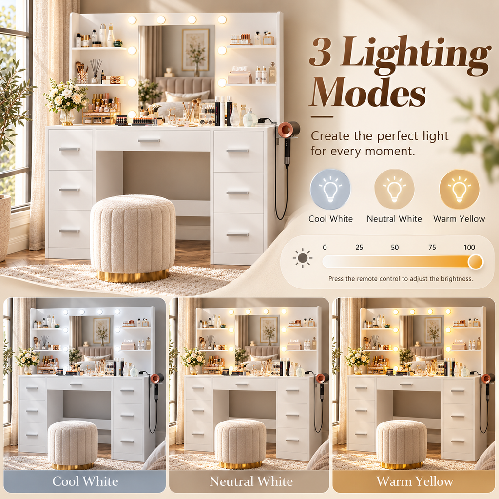 Furnny MLC1 Vanity Desk with Mirror & 10 Lights, 7 Drawers, EU Power Outlet