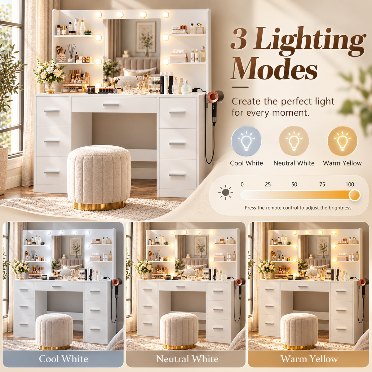 Furnny MLC1 Vanity Desk with Mirror & 10 Lights, 7 Drawers, EU Power Outlet