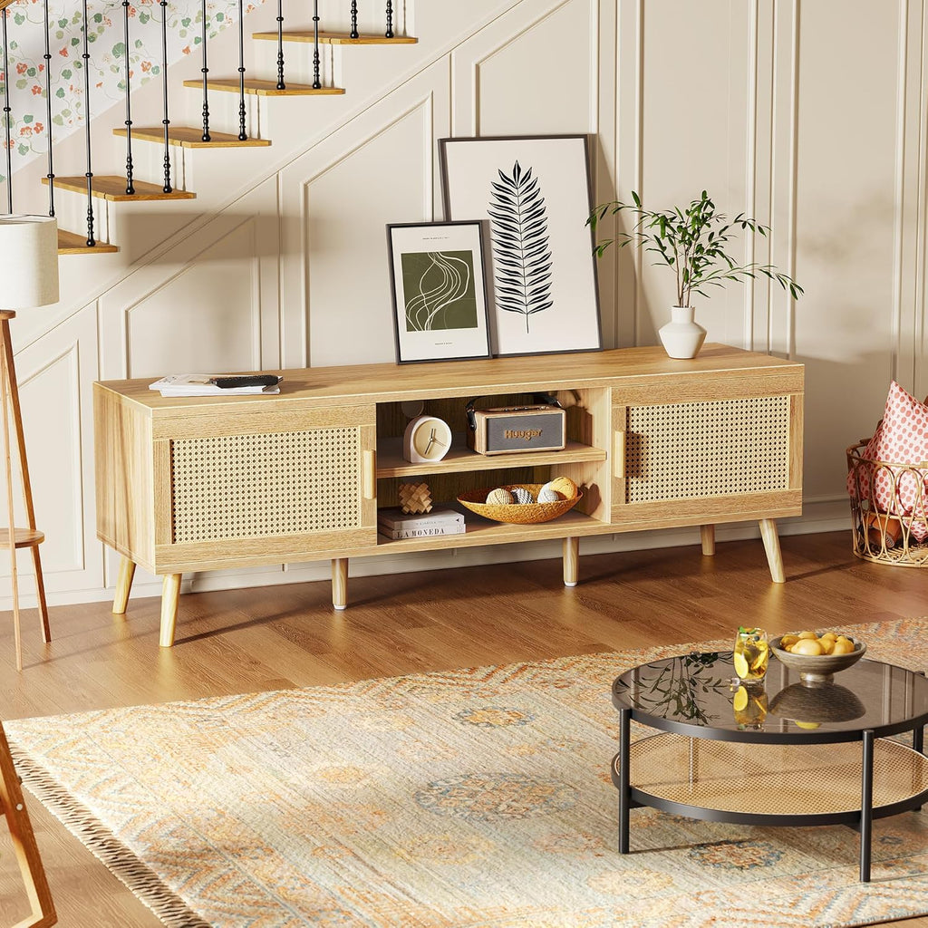 Furnny Rattan TV Stand with 2 Cabinets Rattan TV Console with Solid Wood Feet