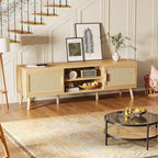 Furnny Rattan TV Stand with 2 Cabinets Rattan TV Console with Solid Wood Feet