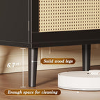 Furnny Rattan TV Stand with 2 Cabinets Rattan TV Console with Solid Wood Feet