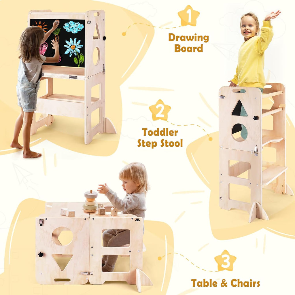 Furnny 3-in-1 Toddler Kitchen Helper, Learning Tower with Blackboard