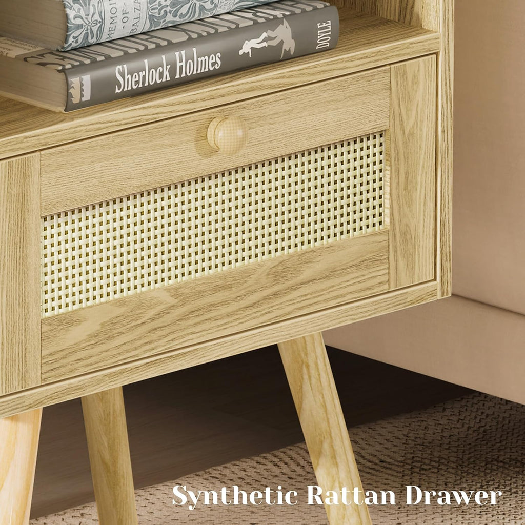 Furnny Rattan Nightstand with Charging Station Solid Wood Feet Beside Table for Bedroom/Living Room