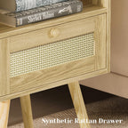Furnny Rattan Nightstand with Charging Station Solid Wood Feet Beside Table for Bedroom/Living Room