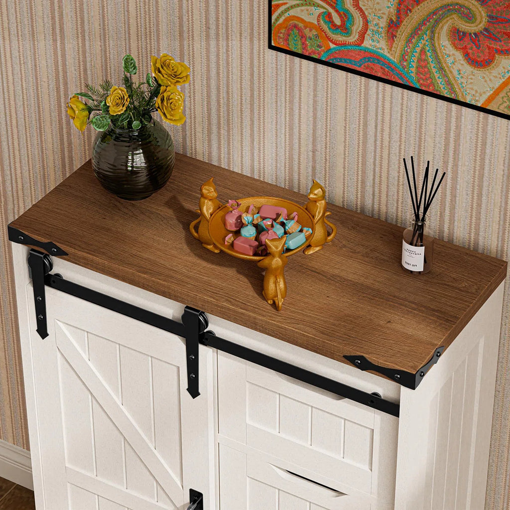 Furnny Farmhouse Bathroom Cabinet with Sliding Door & 4 Drawers