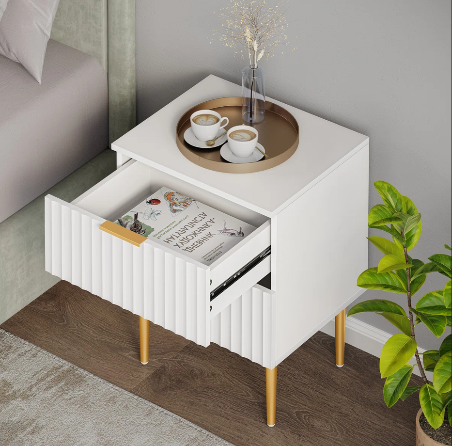 Furnny SWV wavy Design Beside Table Night Stand with 2 Drawers and Gold Legs