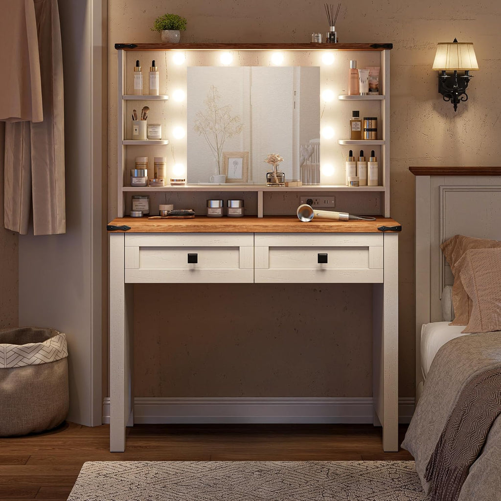 Furnny Small Vanity Desk with Mirror and Lights, Makeup Vanity with Storage Drawer