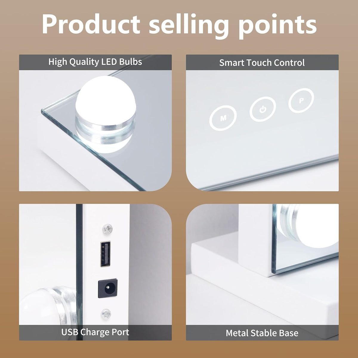 Furnny 1012DP Hollywood LED Vanity Mirror with 3 Colour Modes, USB & Type-C and 10X Mirror