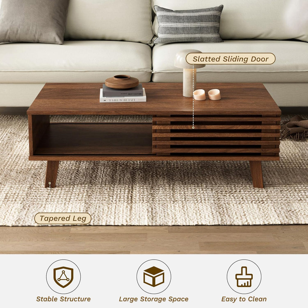 Furnny Walnut Slatted Door Coffee Table Storage/SlidingDoor/for Living Room