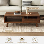 Furnny Walnut Slatted Door Coffee Table Storage/SlidingDoor/for Living Room