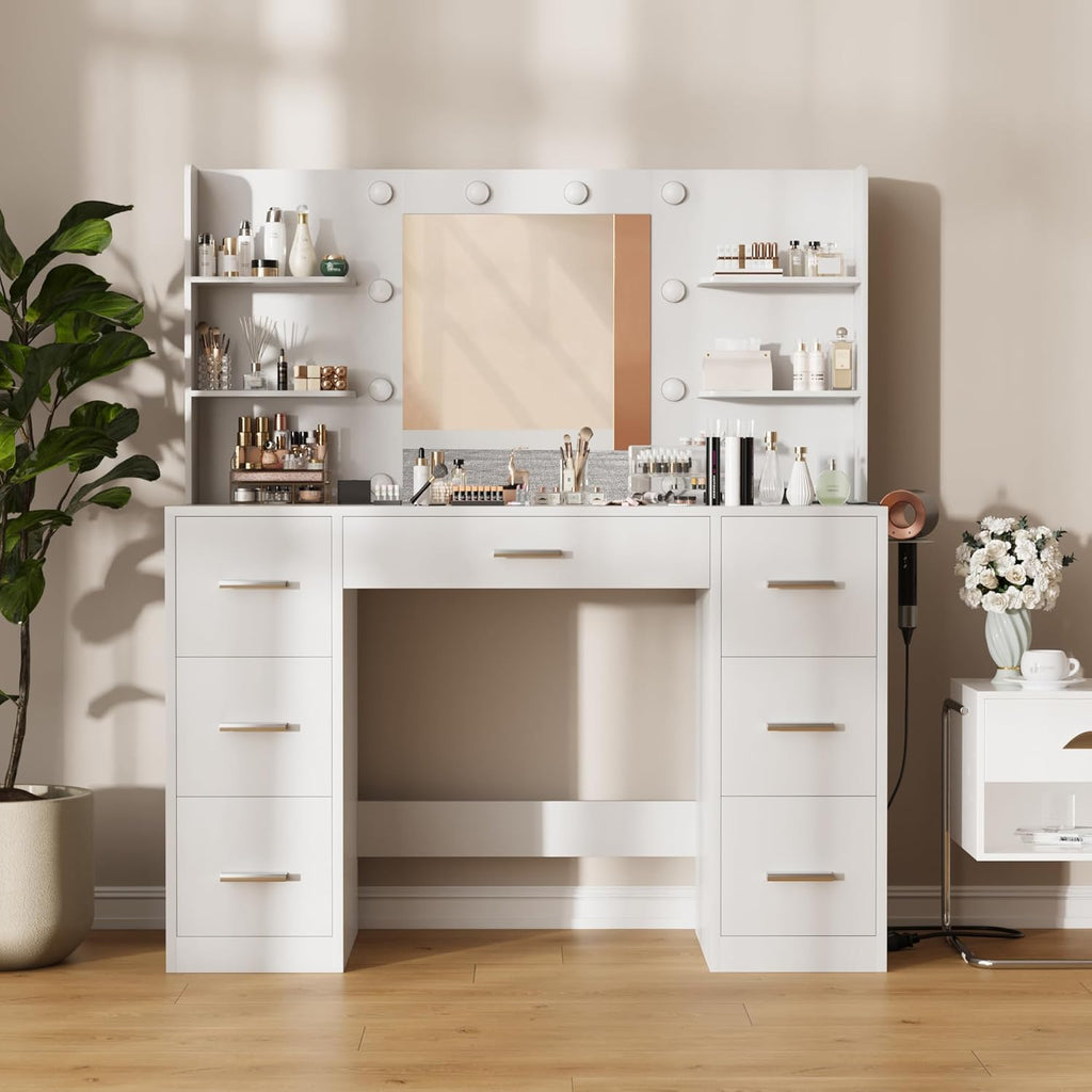 Furnny Vanity Desk with Mirror, LED Lights and Power Outlet Makeup Vanity Table with 7 Drawers and 6 Storage Shelves