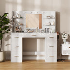 Furnny Vanity Desk with Mirror, LED Lights and Power Outlet Makeup Vanity Table with 7 Drawers and 6 Storage Shelves