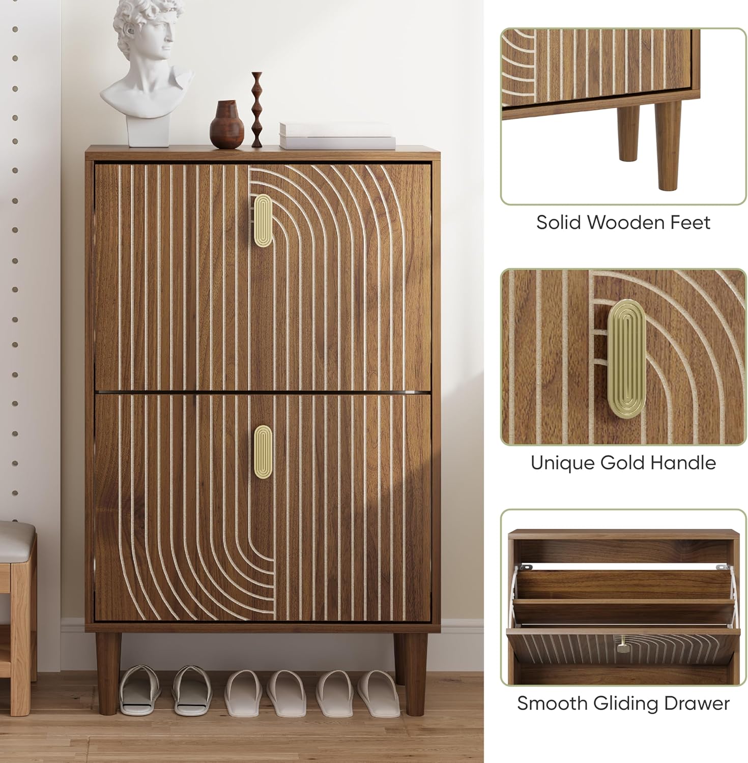 Furnny Walnut Wood Grain Shoe Cabinet with 2 Adjustable Width Flip Drawers