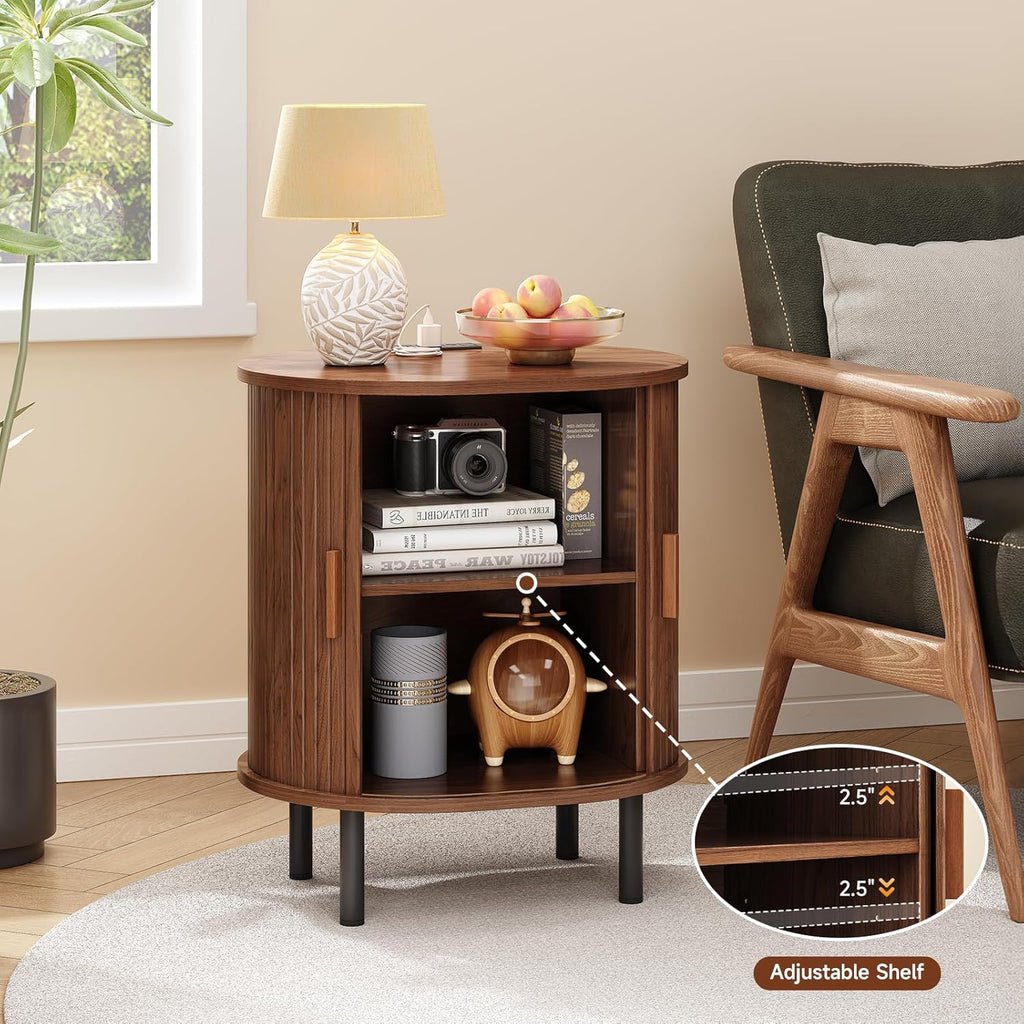 Furnny Walnut Sliding Door Nightstand  with Charging Station End Table for Small Space/Living Room/Bedroom