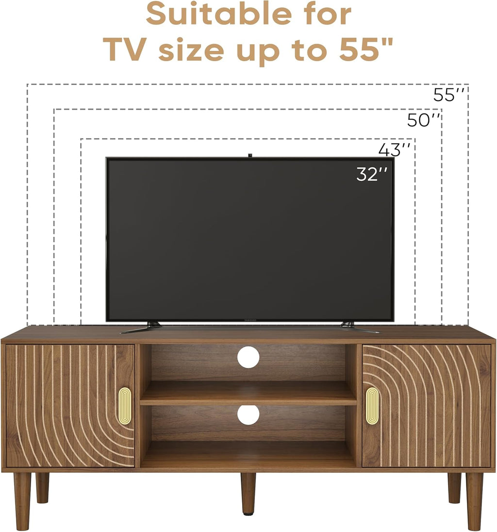 Furnny Walnut TV Stand with Line Groove Design/Adjustable Shelf/2 Cabinets