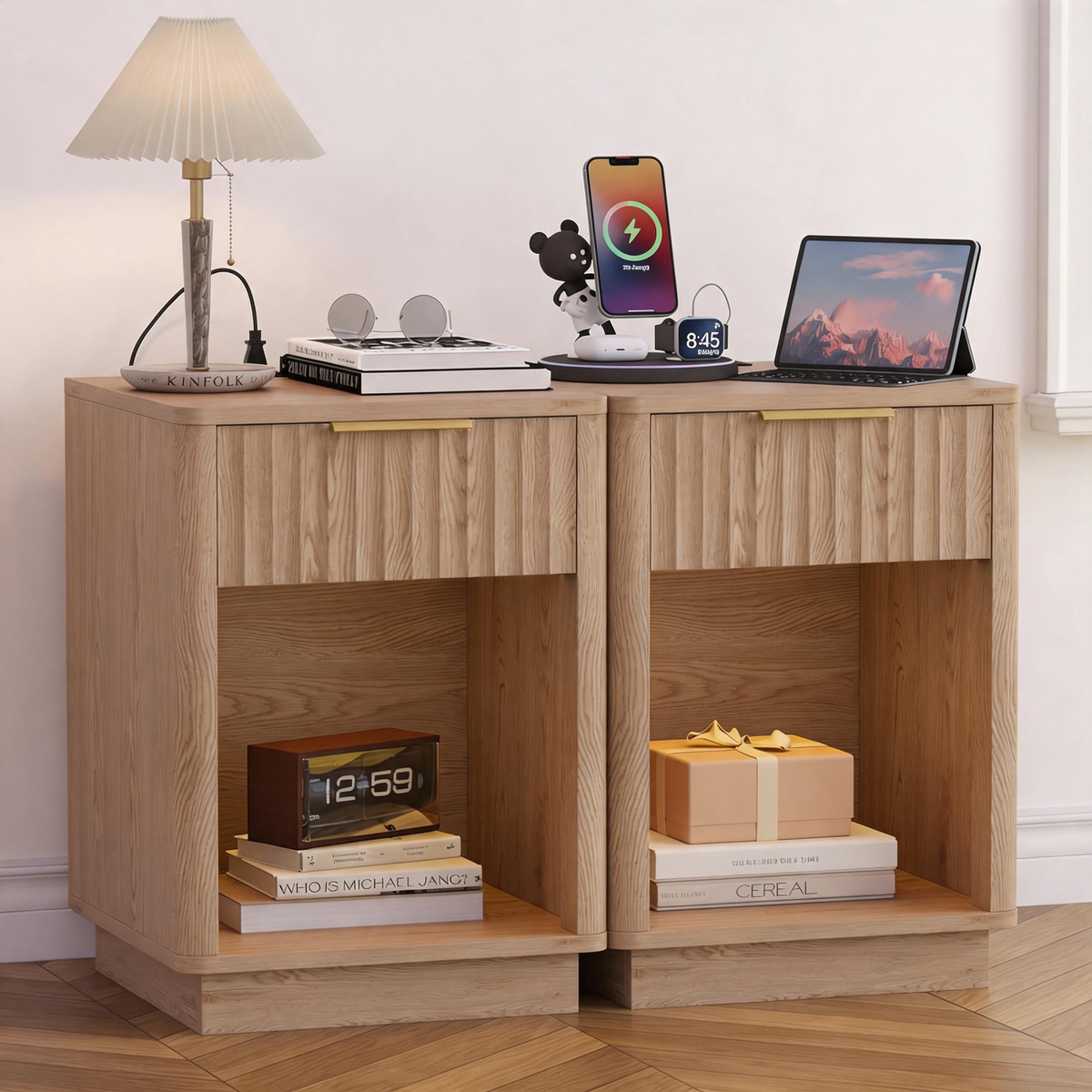 Furnny VSS1 Wood Nightstand with EU Charging Station Beside Table with OpenShelf