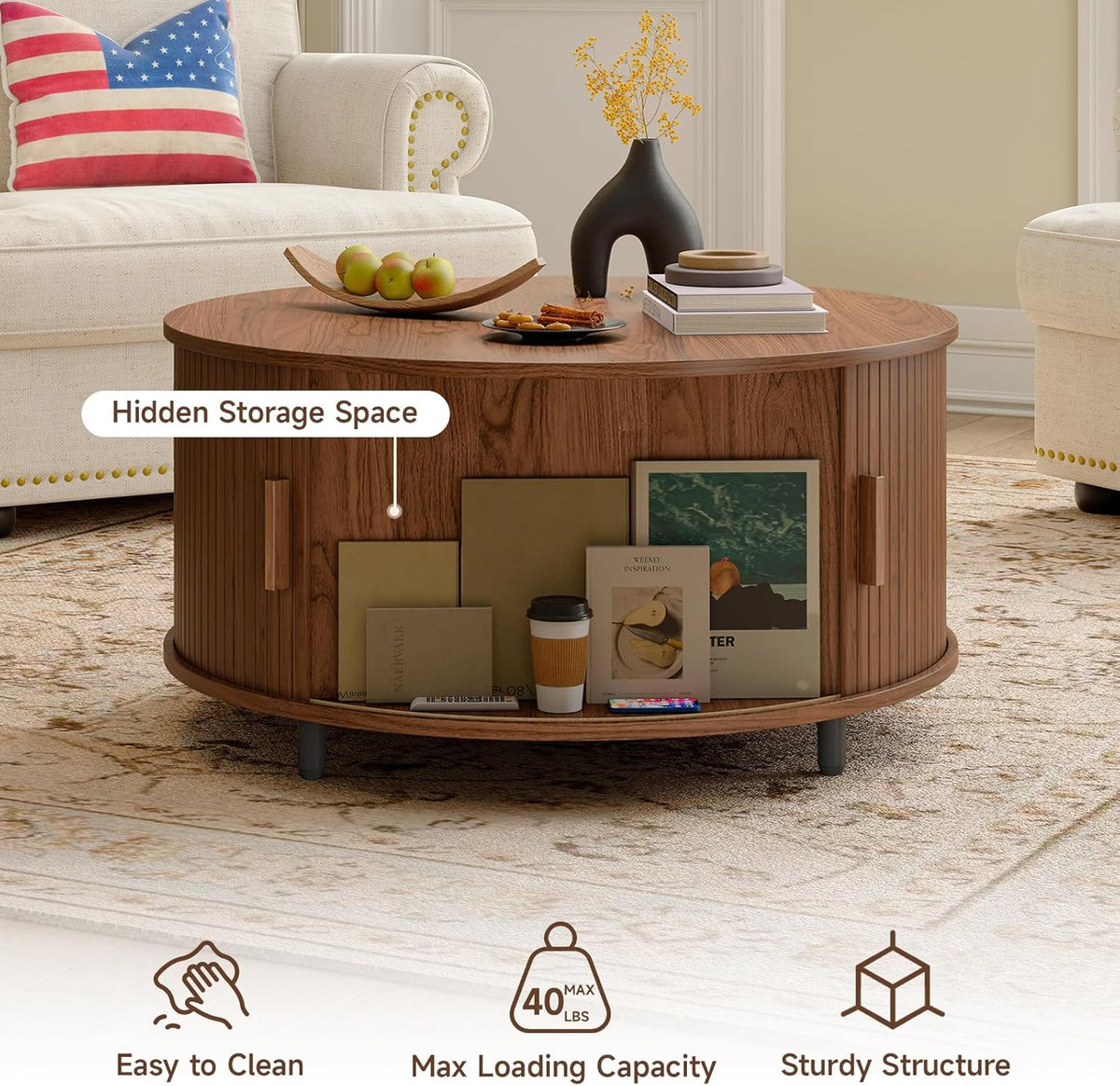 Furnny MS250 Walnut Sliding Door Round Coffee Table Mid Century Modern Storage Table for Living Room