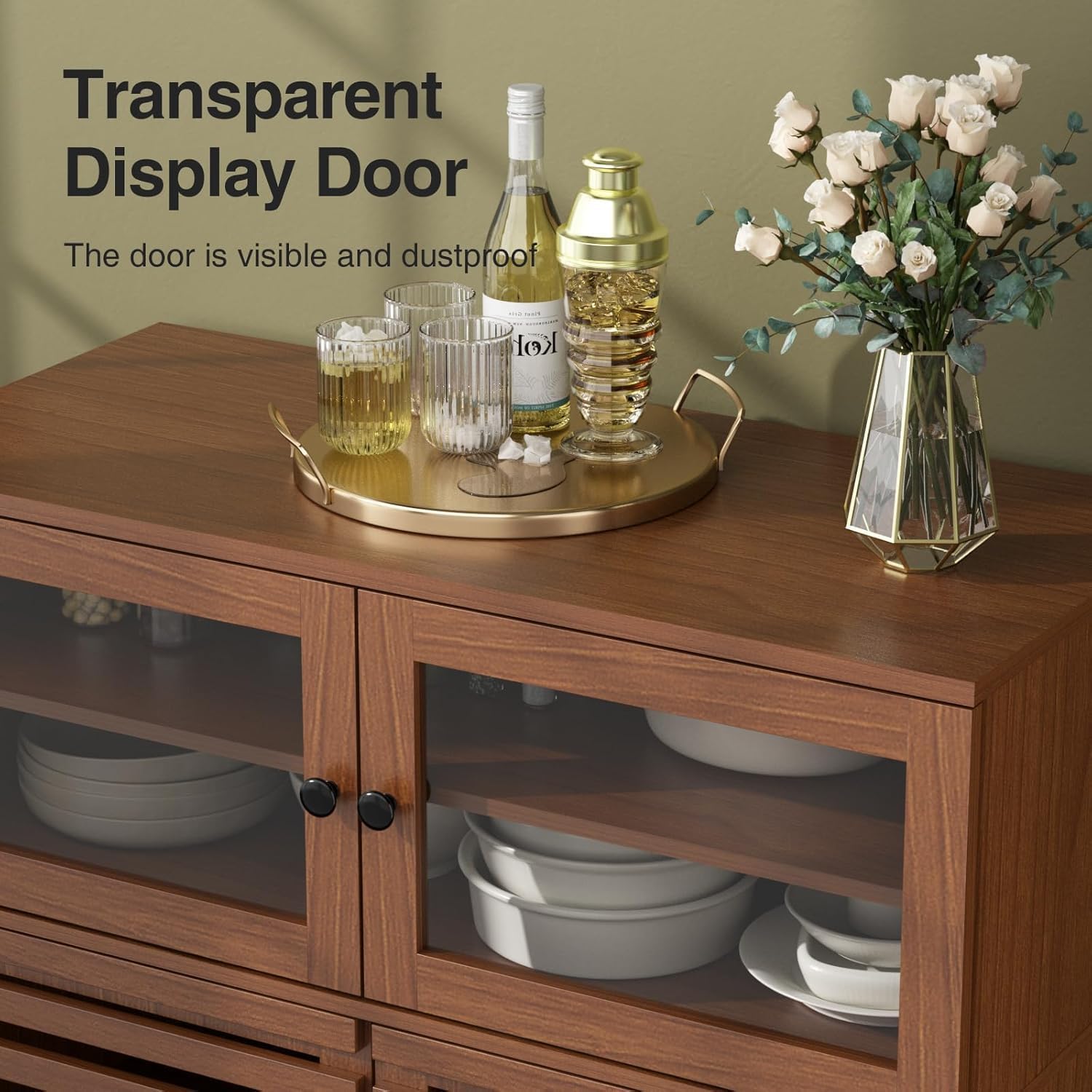 Furnny Walnut Slatted Door Cabinet  Storage Cabinet with Adjustable Shelves