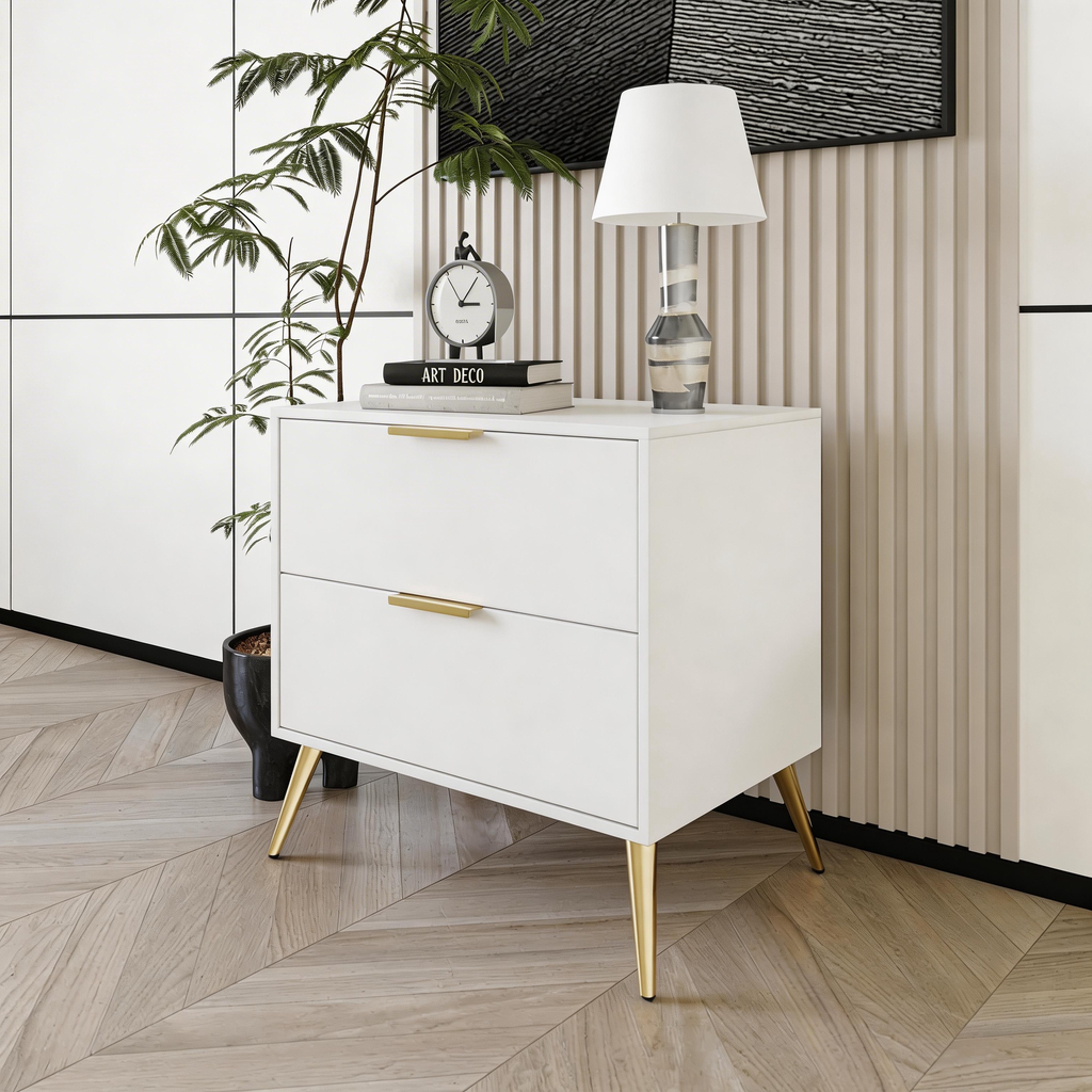 Furnny WD Modern 2 Drawer Bedside Table Nightstand with Gold Metal Legs