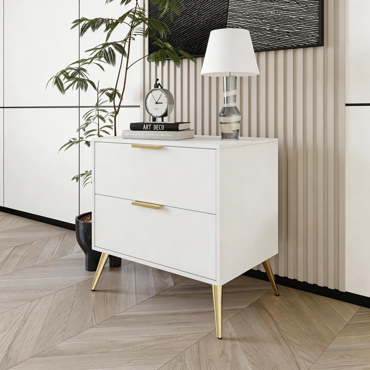 Furnny WD Modern 2 Drawer Bedside Table Nightstand with Gold Metal Legs