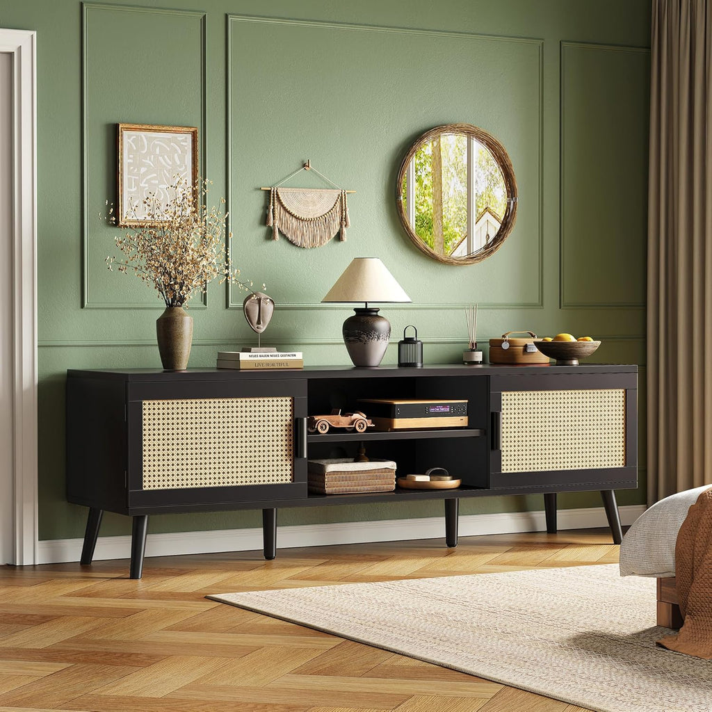 Furnny Rattan TV Stand with 2 Cabinets Rattan TV Console with Solid Wood Feet