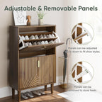 Furnny Walnut Wood Grain Shoe Cabinet with 2 Adjustable Width Flip Drawers