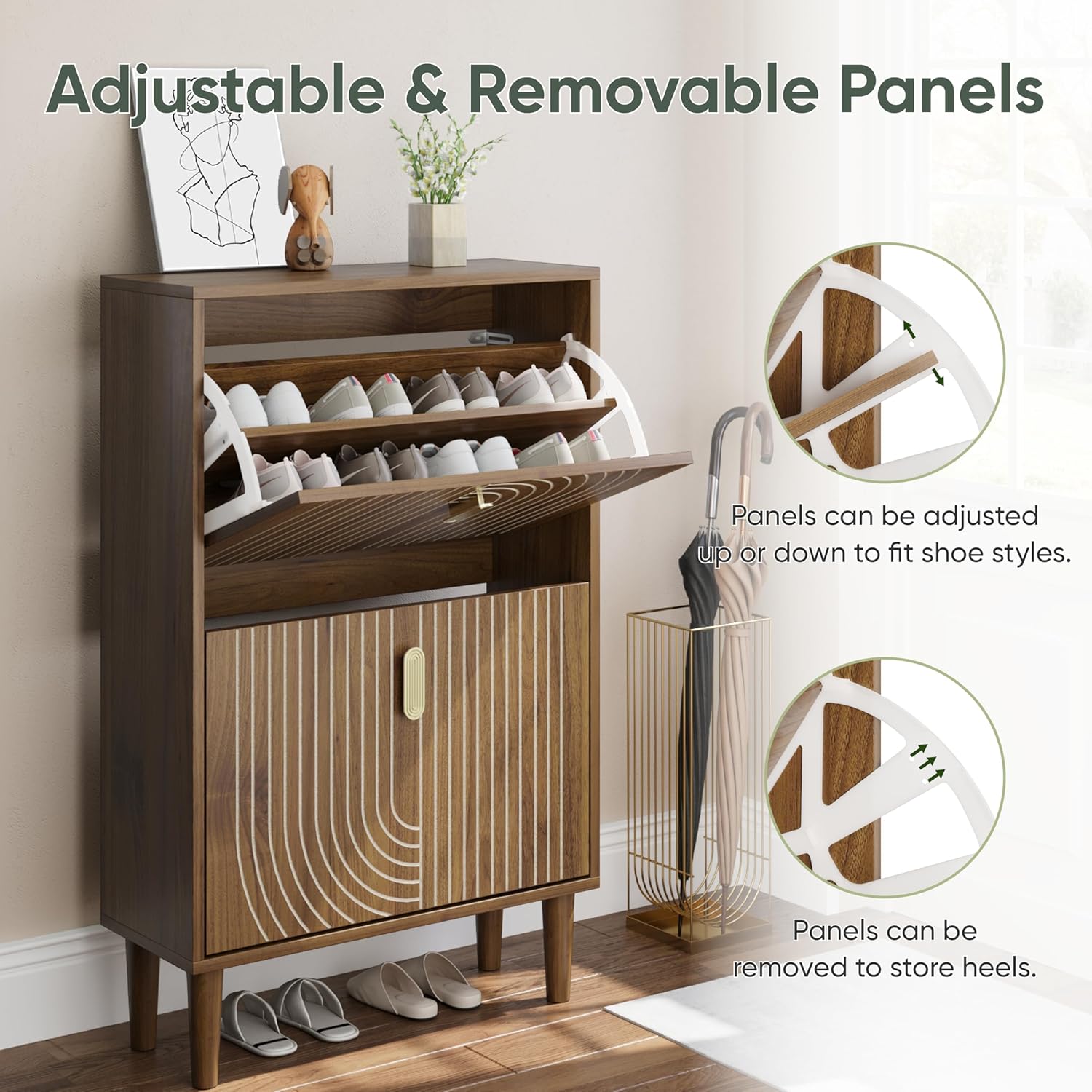 Furnny Walnut Wood Grain Shoe Cabinet with 2 Adjustable Width Flip Drawers