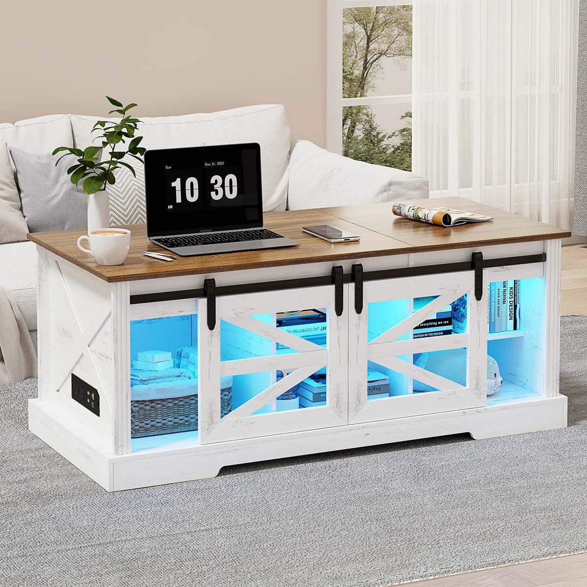 Furnny Lift Top Led Coffee Table With Sliding Barn Door