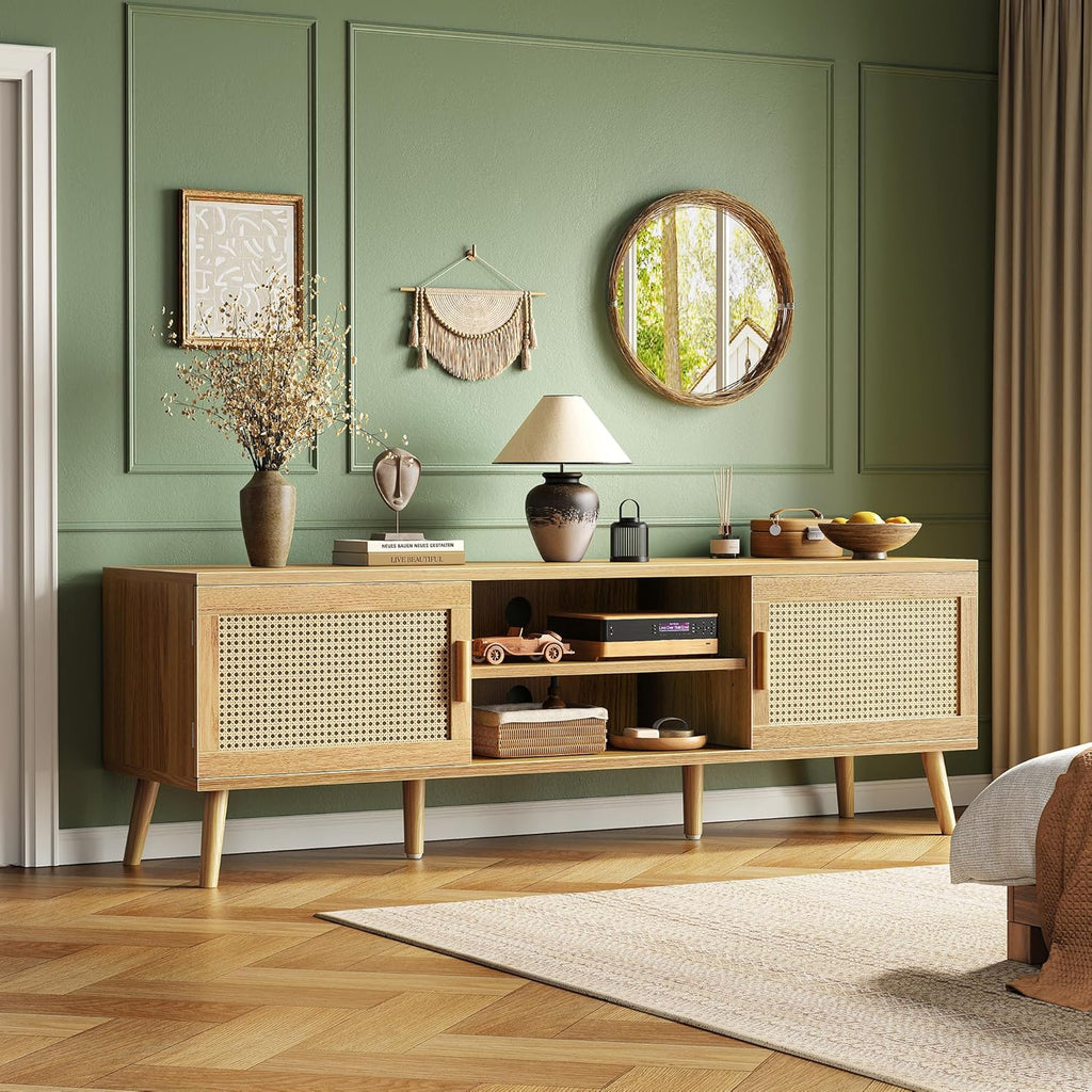 Furnny Rattan TV Stand with 2 Cabinets Rattan TV Console with Solid Wood Feet