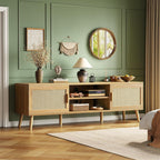 Furnny Rattan TV Stand with 2 Cabinets Rattan TV Console with Solid Wood Feet