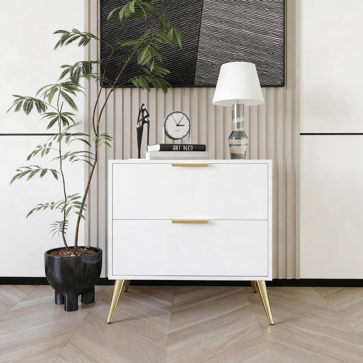 Furnny WD Modern 2 Drawer Bedside Table Nightstand with Gold Metal Legs