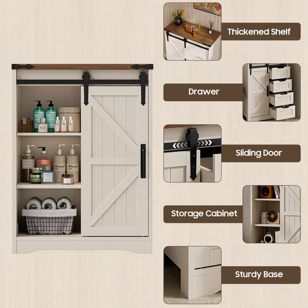 Furnny Farmhouse Bathroom Cabinet with Sliding Door & 4 Drawers