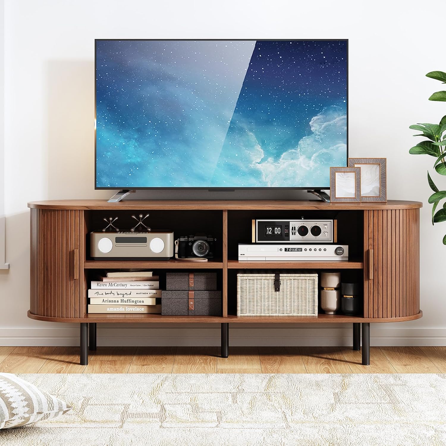 Furnny Mid-Century Modern Television Stand, Media Console with Sliding Doors