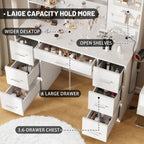 Furnny Vanity Desk with Mirror, LED Lights and Power Outlet Makeup Vanity Table with 7 Drawers and 6 Storage Shelves