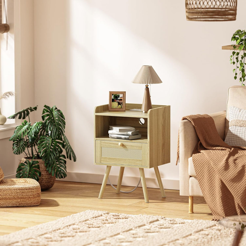 Furnny Rattan Nightstand with Charging Station Solid Wood Feet Beside Table for Bedroom/Living Room