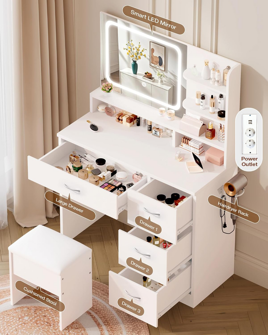 Furnny MLC2 Smart LED Mirror Makeup Vanity  with EU Charging Ports/Stool/Drawers