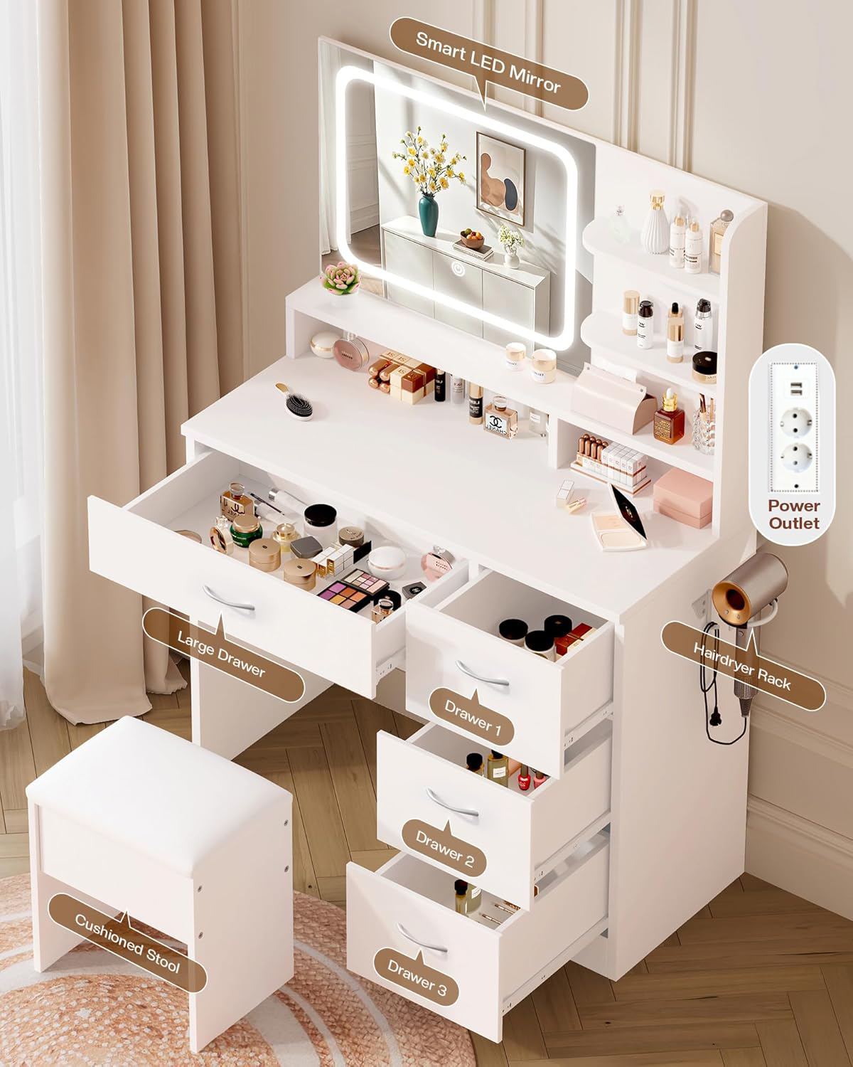 Furnny MLC2 Smart LED Mirror Makeup Vanity  with EU Charging Ports/Stool/Drawers